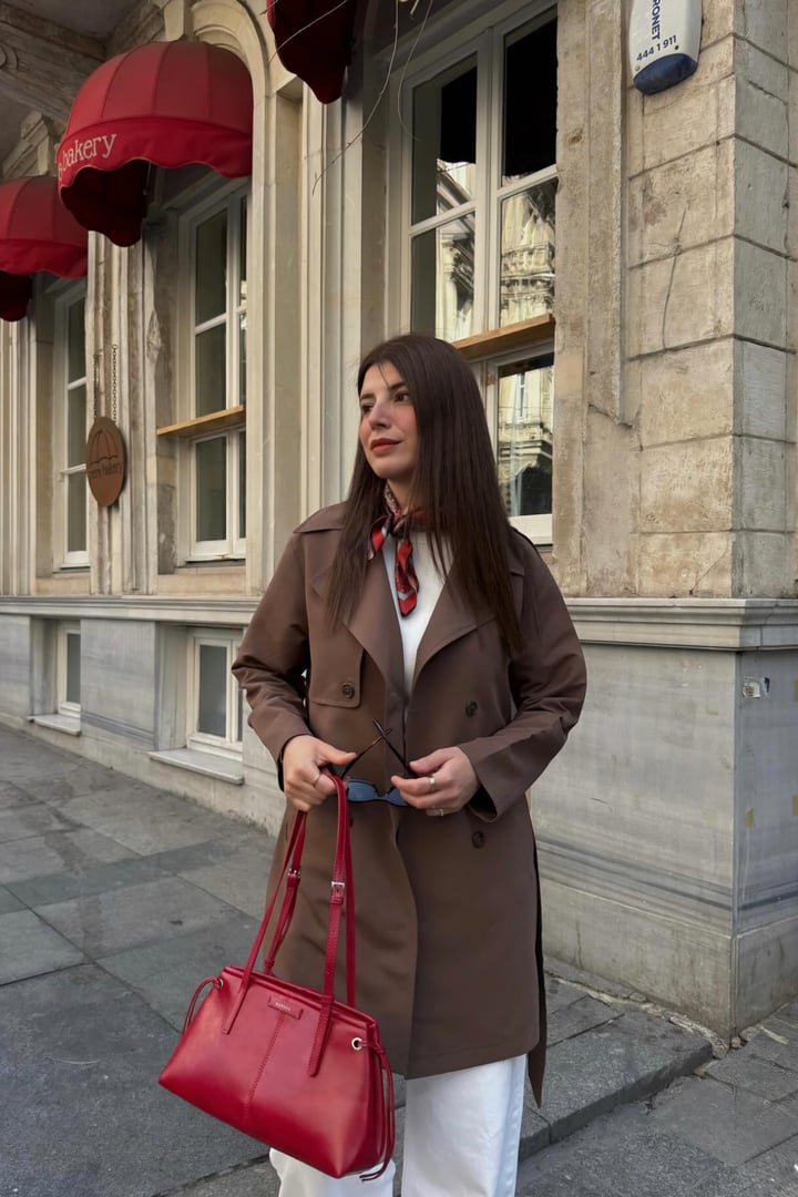 Pelerin Detaylı Su İtici Özellikli Astarsız Trençkot KAHVE 6833