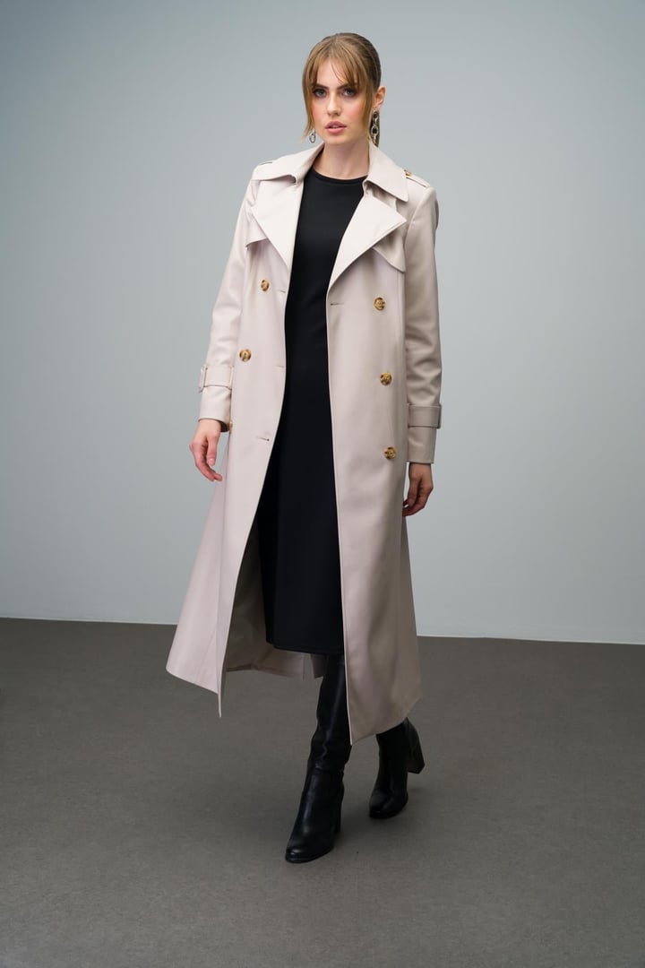 Pelerin ve Apolet Detaylı Kruvaze Deri Trençkot TAŞ 6608