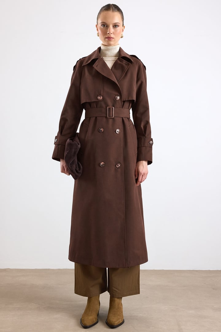 Pelerin ve Apolet Detaylı Reglan Kol Su İtici Özellikli Trençkot K. KAHVE 6891