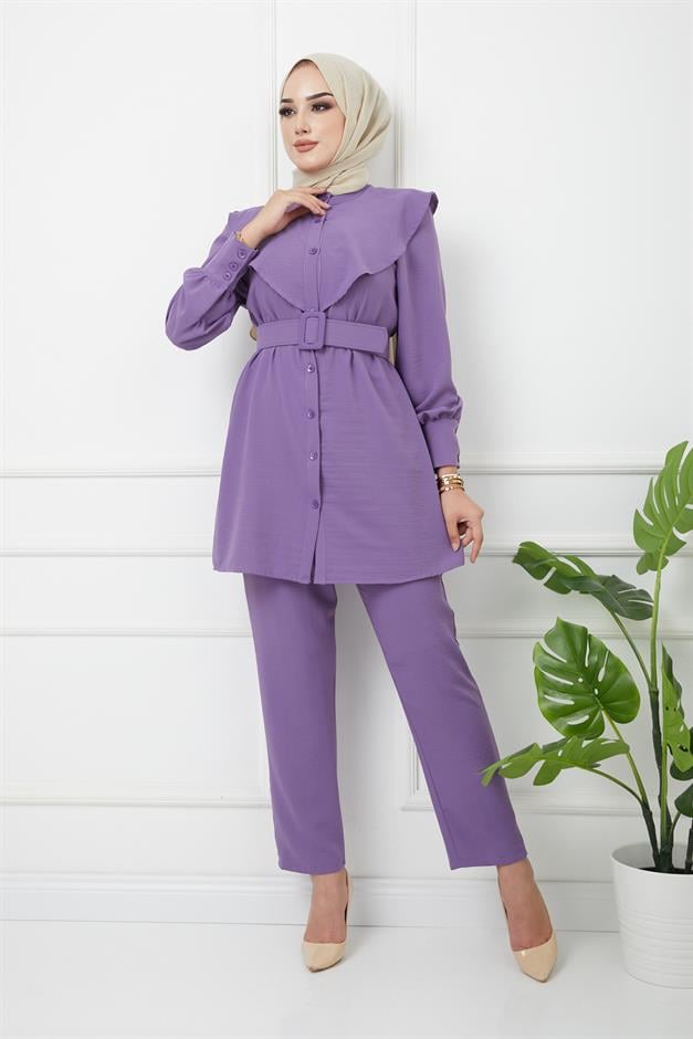 Pelerinli Kolu Büzgülü Pantolon Tunik Takım K. LİLA 9169