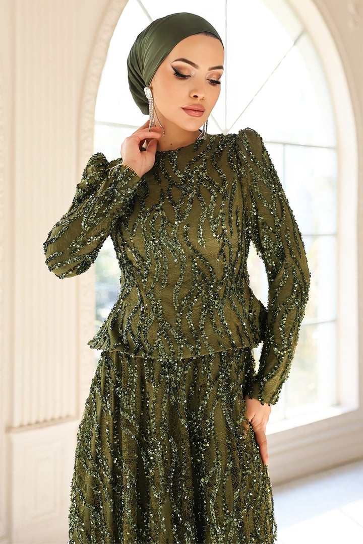 Pul ve Güpür Detaylı Exclusive Tesettür Abiye Elbise YEŞİL 1057