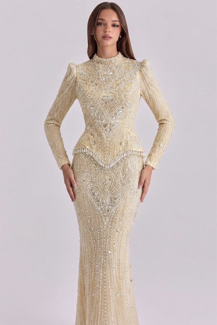 Pul ve İnci Desenli Exclusive Tesettür Abiye Elbise KREM 1083
