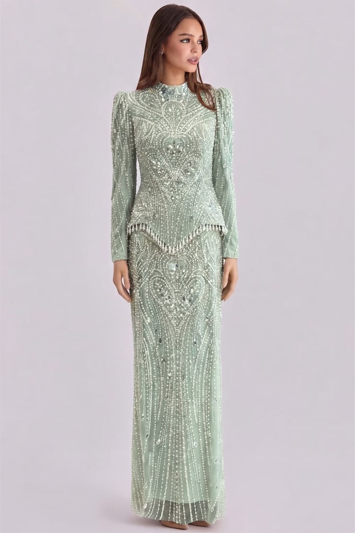 Pul ve İnci Desenli Exclusive Tesettür Abiye Elbise MİNT 1083