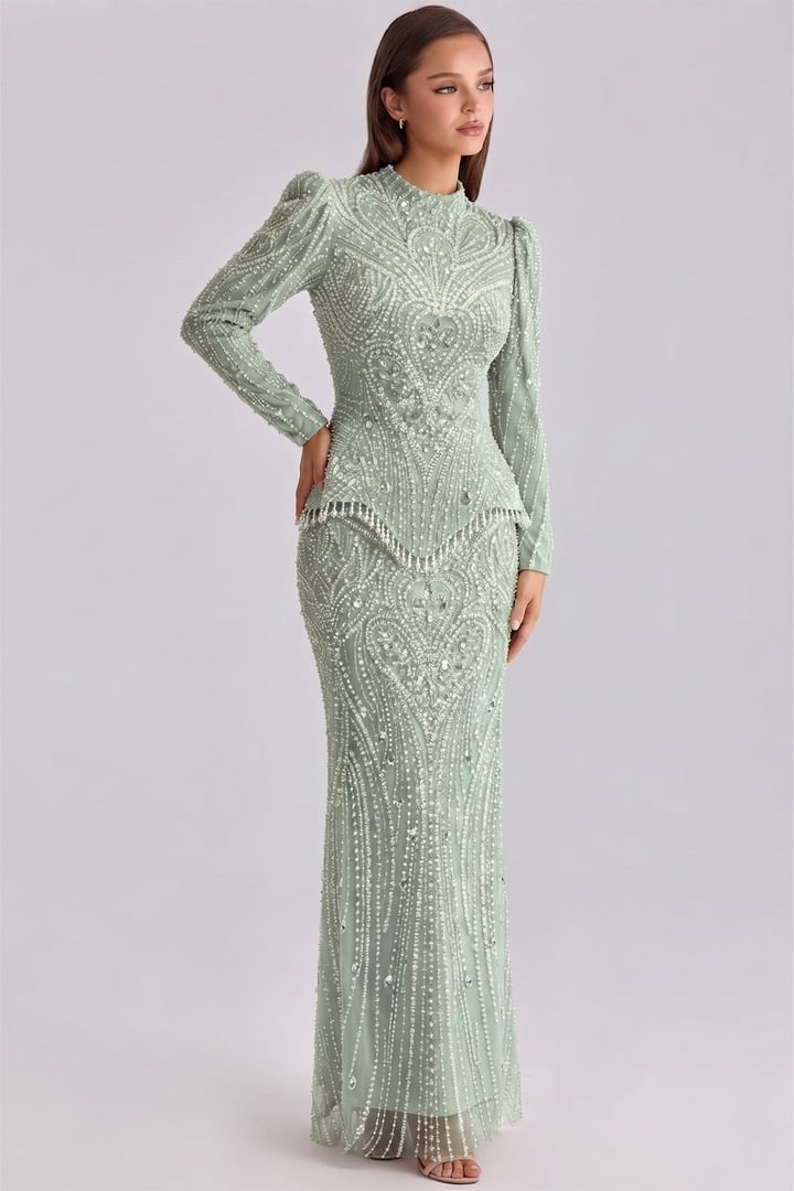 Pul ve İnci Desenli Exclusive Tesettür Abiye Elbise MİNT 1083