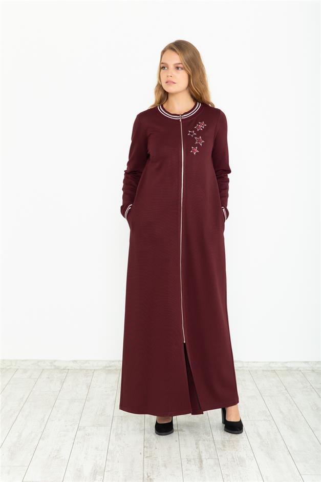 RİBANA VE YILDIZ İŞLEMELİ ÖRME FERACE BORDO 5841