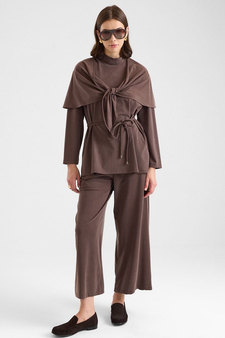Şal Aksesuarlı Premium Kumaş Tunik Pantolon KAHVE 9470-TK