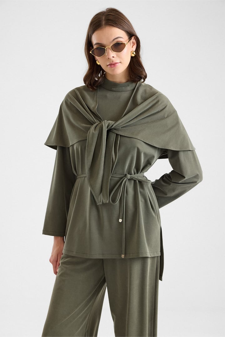 Şal Aksesuarlı Premium Kumaş Tunik Pantolon HAKİ 9470-TK