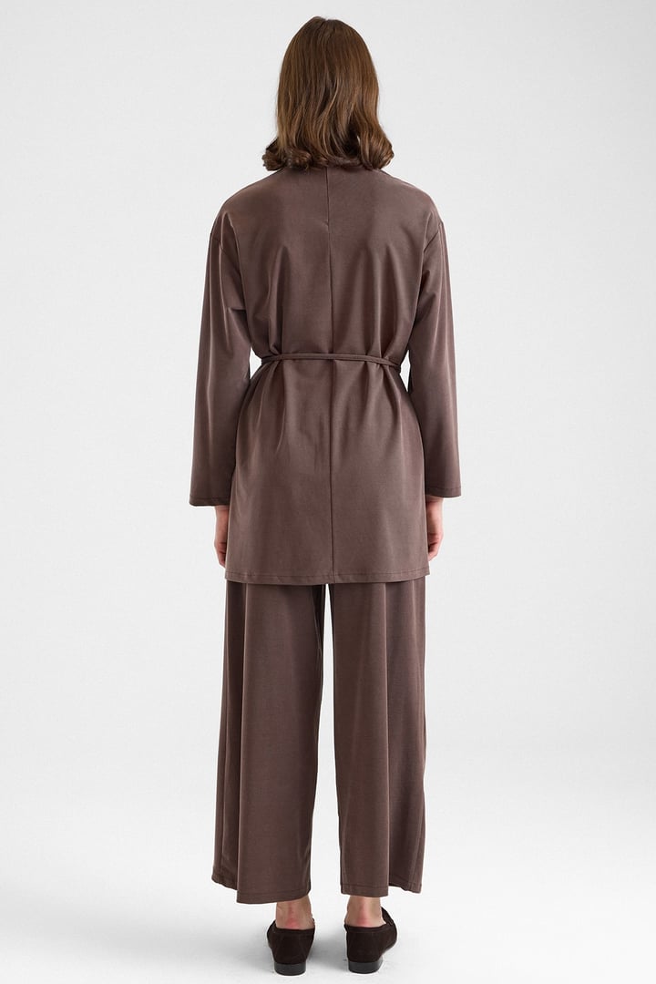 Şal Aksesuarlı Premium Kumaş Tunik Pantolon KAHVE 9470-TK