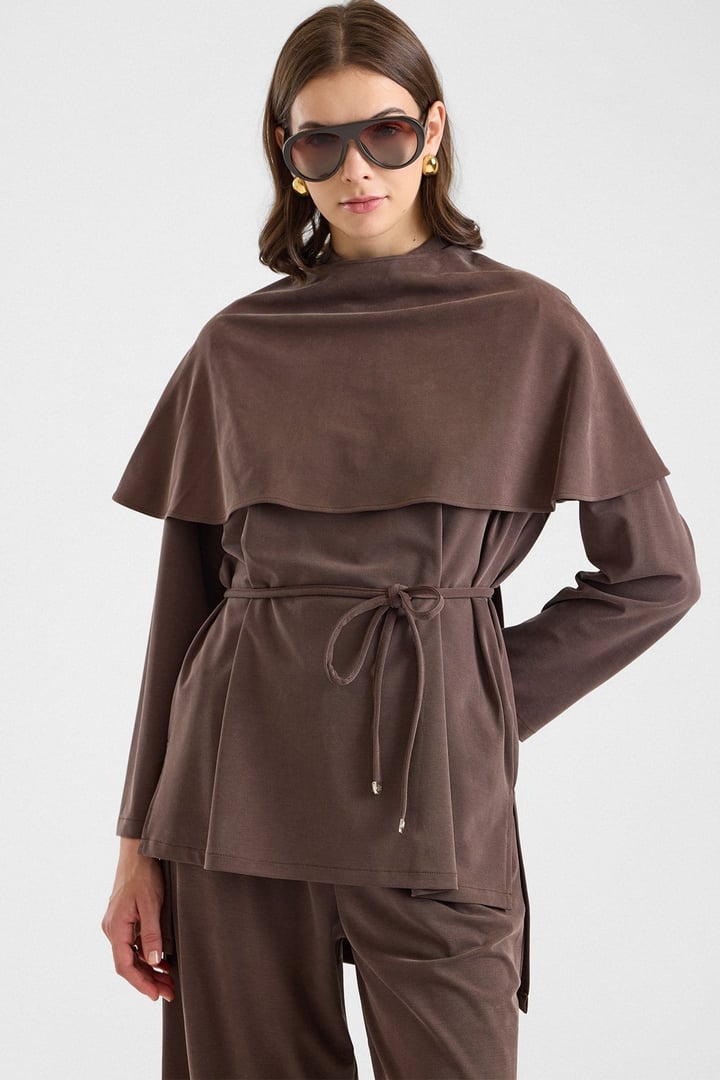 Şal Aksesuarlı Premium Kumaş Tunik Pantolon KAHVE 9470-TK