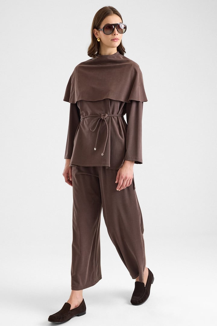 Şal Aksesuarlı Premium Kumaş Tunik Pantolon KAHVE 9470-TK