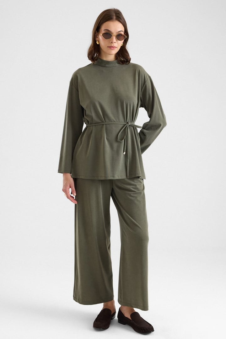 Şal Aksesuarlı Premium Kumaş Tunik Pantolon HAKİ 9470-TK