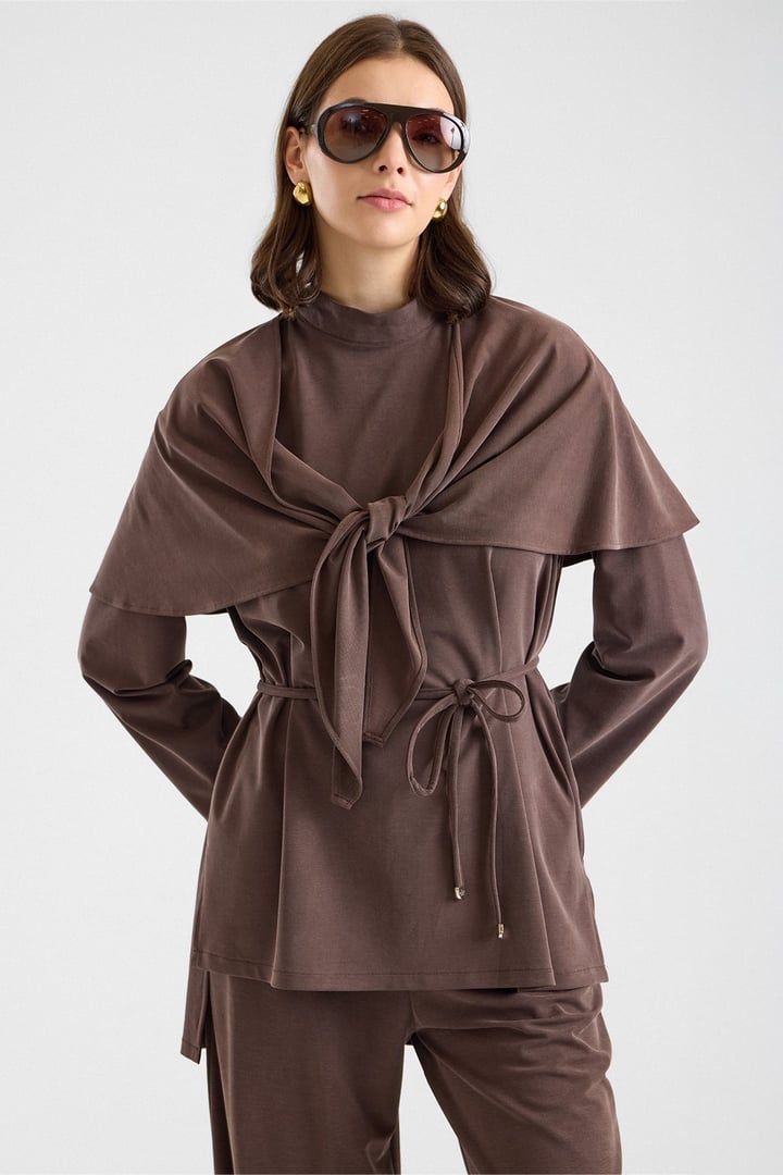 Şal Aksesuarlı Premium Kumaş Tunik Pantolon KAHVE 9470-TK