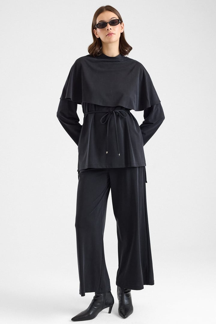 Şal Aksesuarlı Premium Kumaş Tunik Pantolon SİYAH 9470-TK