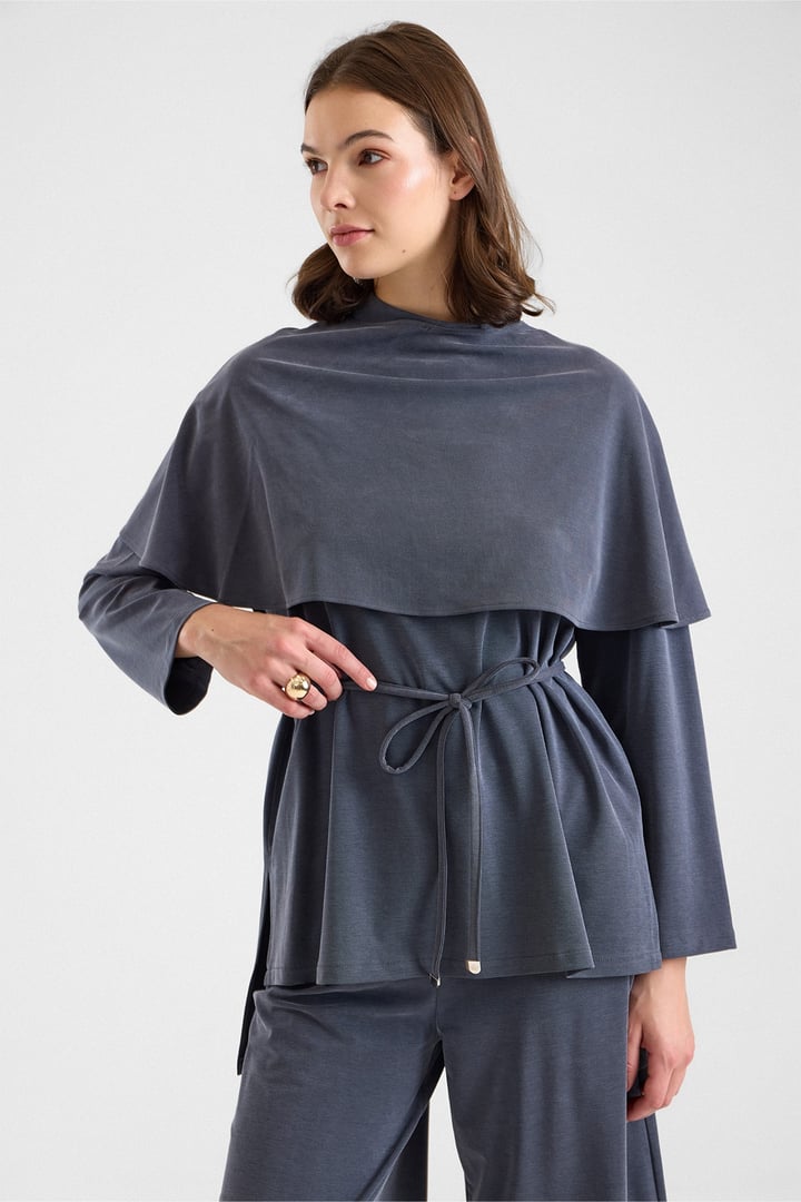 Şal Aksesuarlı Premium Kumaş Tunik Pantolon FÜME 9470-TK