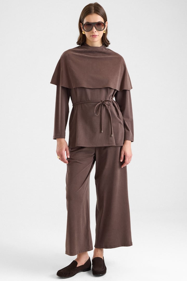 Şal Aksesuarlı Premium Kumaş Tunik Pantolon KAHVE 9470-TK