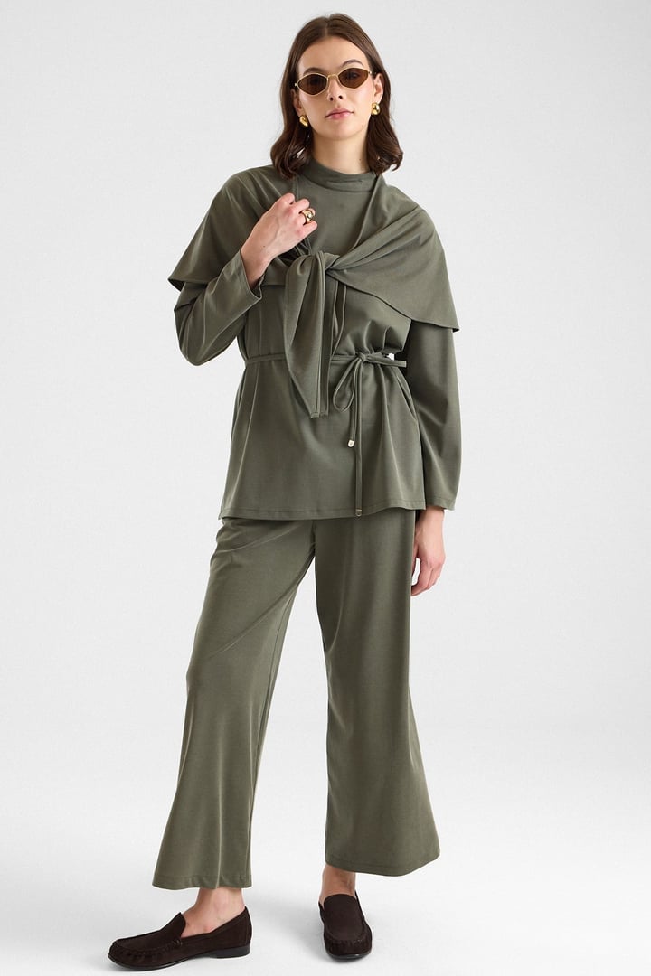 Şal Aksesuarlı Premium Kumaş Tunik Pantolon HAKİ 9470-TK