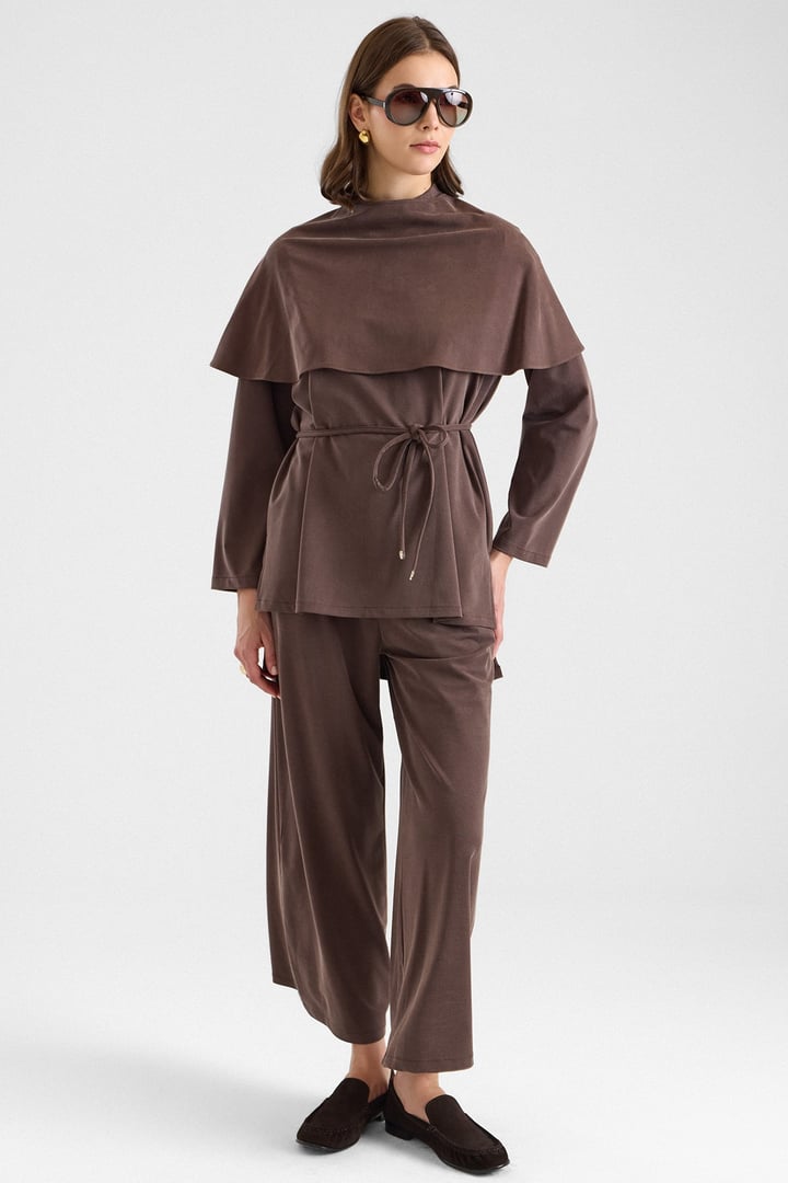 Şal Aksesuarlı Premium Kumaş Tunik Pantolon KAHVE 9470-TK