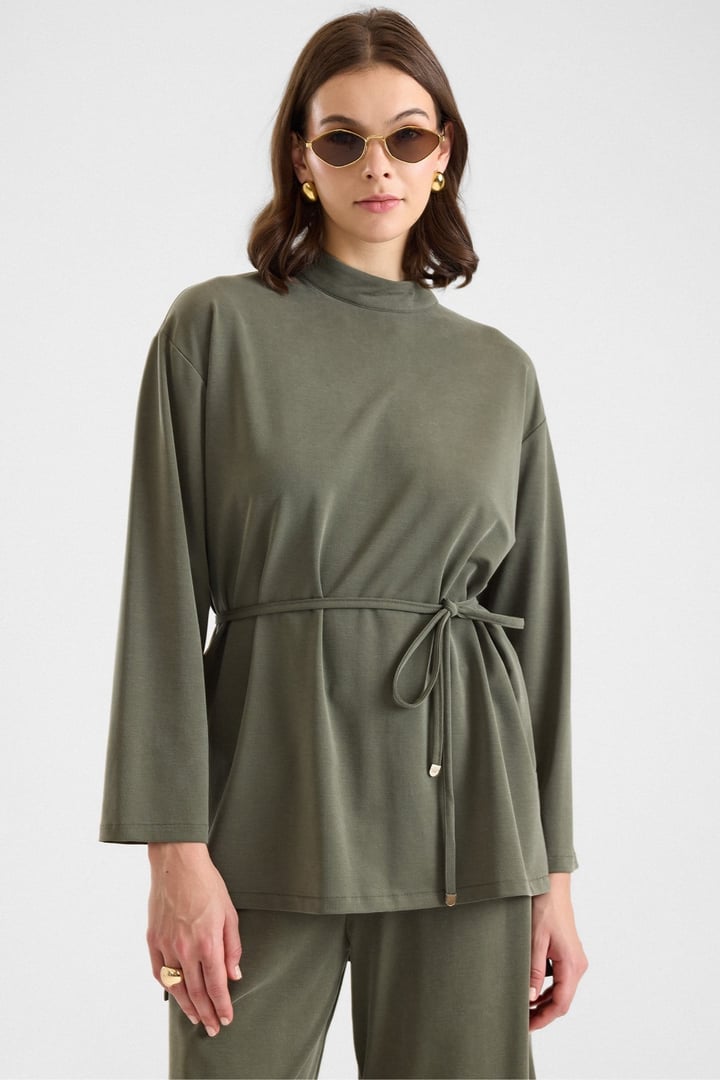 Şal Aksesuarlı Premium Kumaş Tunik Pantolon HAKİ 9470-TK