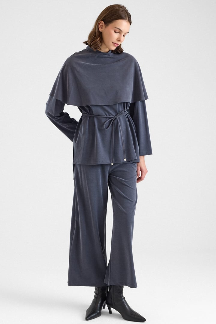 Şal Aksesuarlı Premium Kumaş Tunik Pantolon FÜME 9470-TK