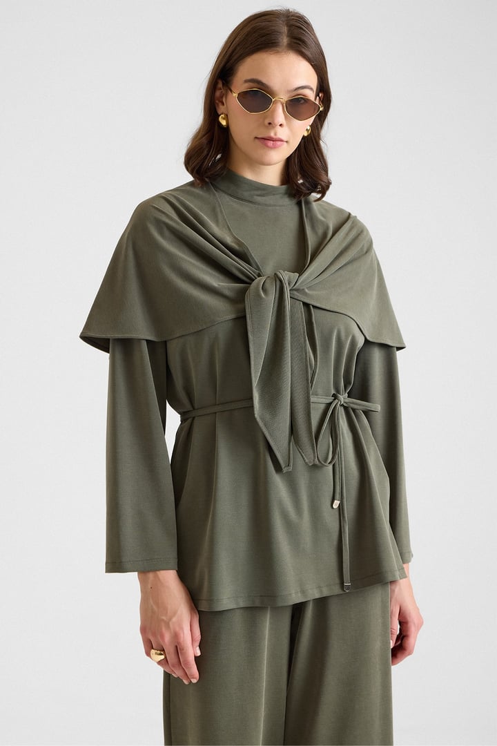Şal Aksesuarlı Premium Kumaş Tunik Pantolon HAKİ 9470-TK