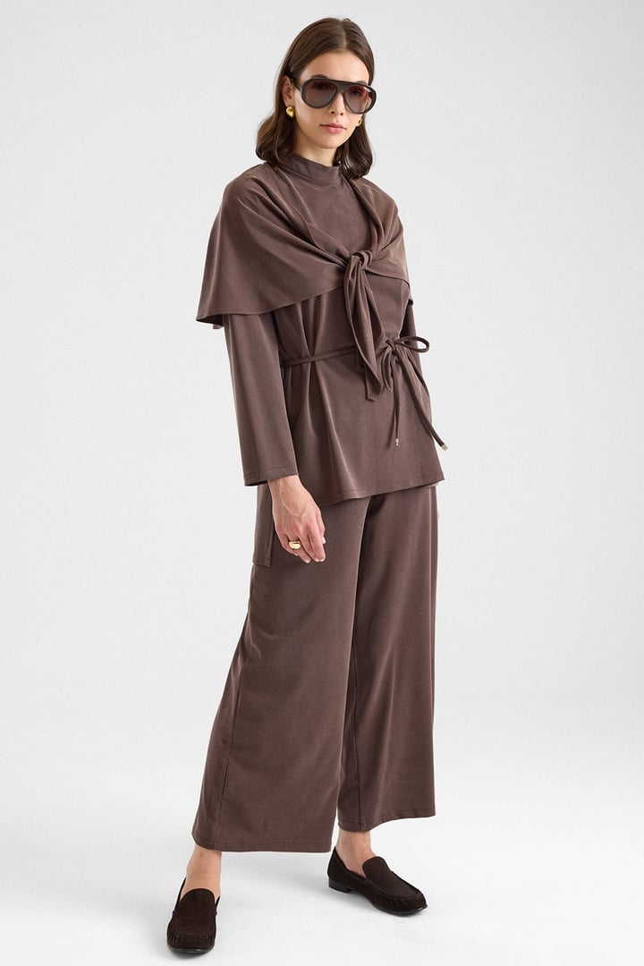 Şal Aksesuarlı Premium Kumaş Tunik Pantolon KAHVE 9470-TK