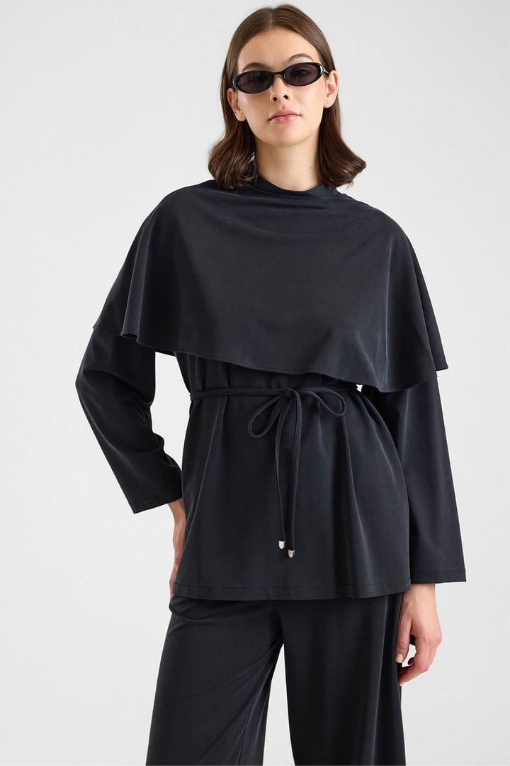 Şal Aksesuarlı Premium Kumaş Tunik Pantolon SİYAH 9470-TK