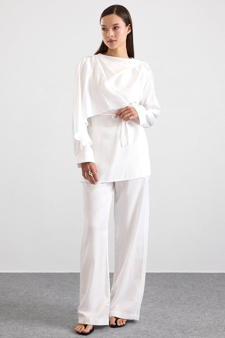 Şal Detaylı Bluz Pantolon Takım EKRU 9484-TK