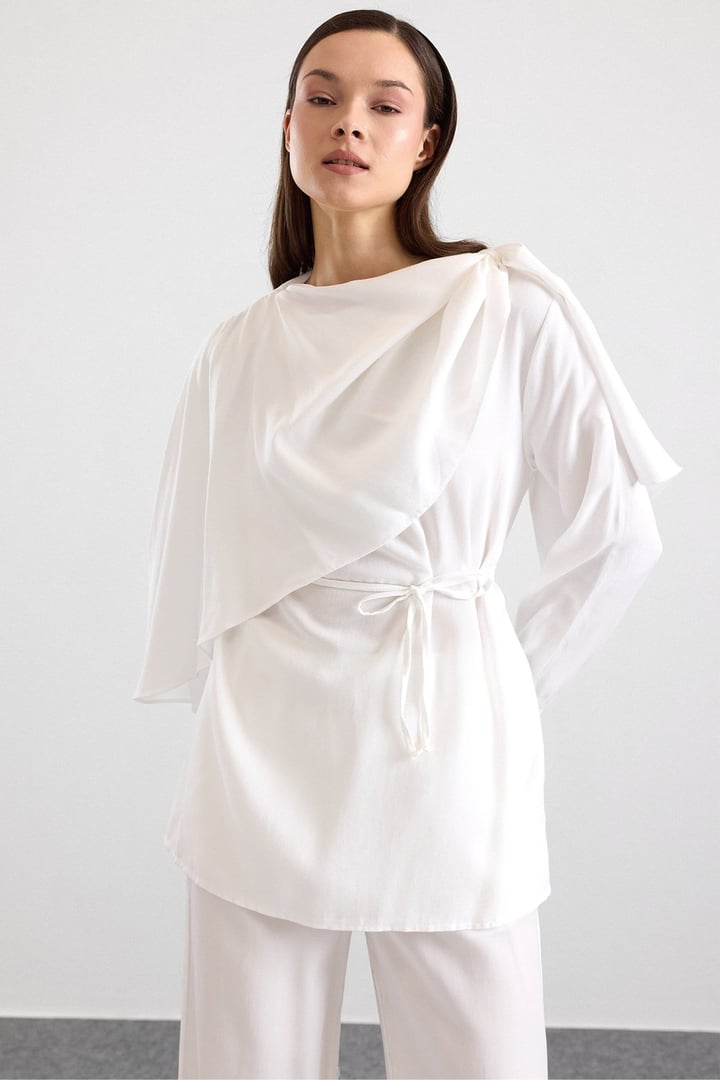Şal Detaylı Bluz Pantolon Takım EKRU 9484-TK