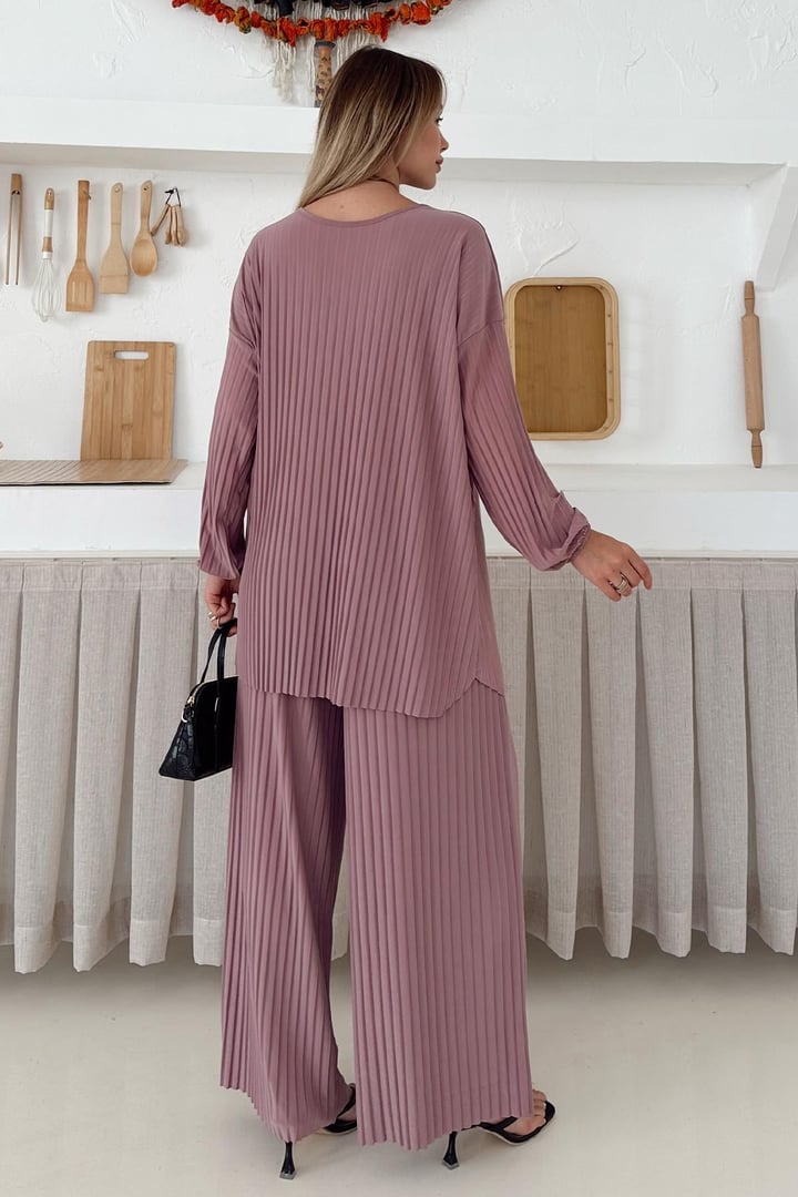 Sandy Kumaş Pliseli Tunik Pantolon İkili Takım PUDRA 9361-TK
