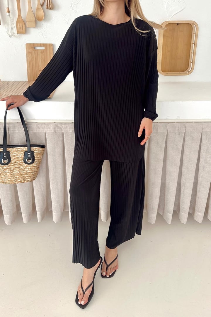 Sandy Kumaş Pliseli Tunik Pantolon İkili Takım SİYAH 9361-TK