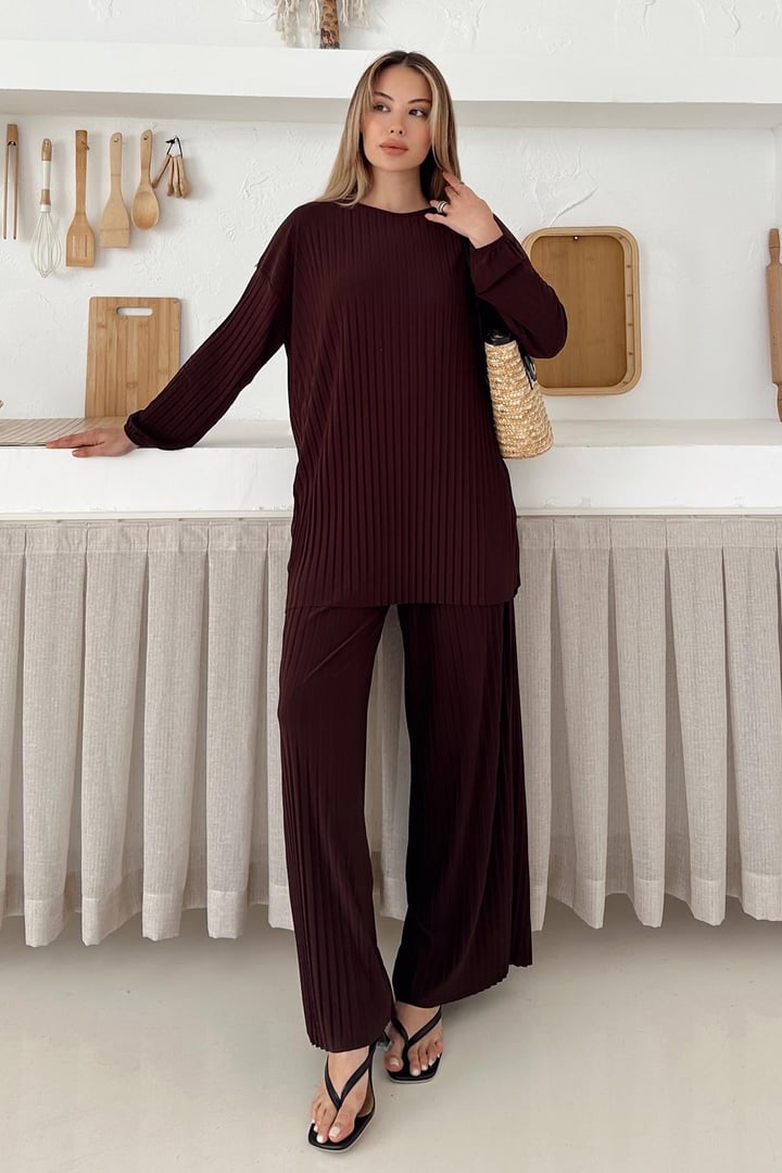 Sandy Kumaş Pliseli Tunik Pantolon İkili Takım KAHVE 9361-TK
