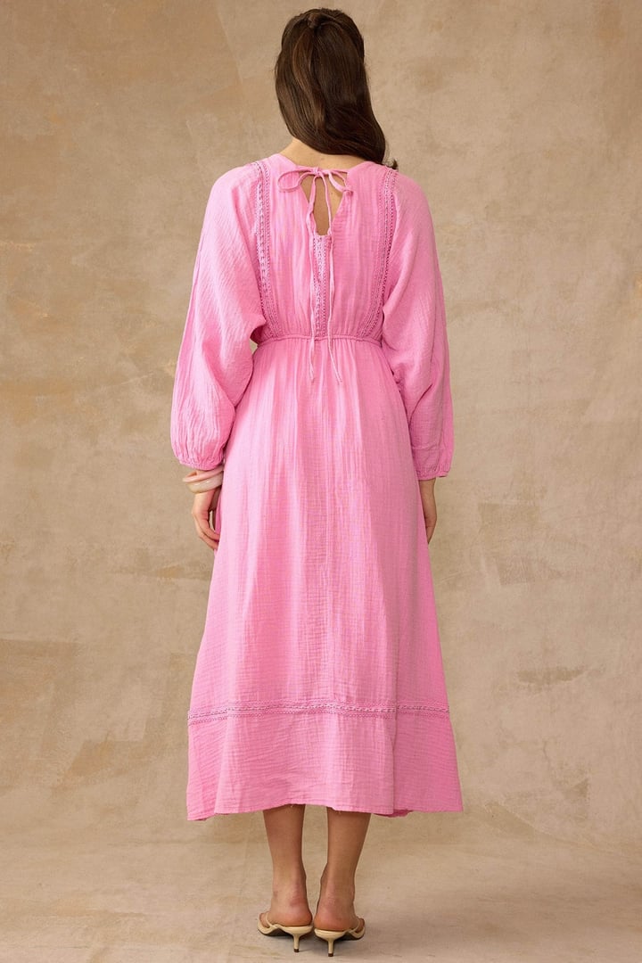 Şerit Detaylı Beli Lastikli Müslin Elbise PEMBE 9453-E