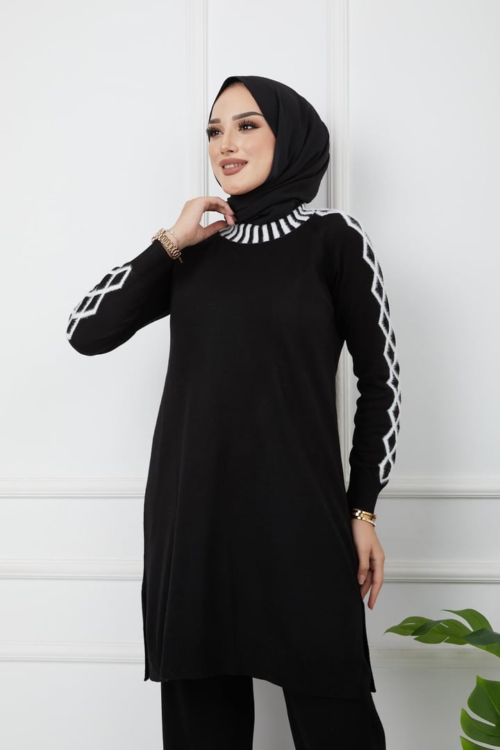 Şerit ve Baklava Desenli Triko Takım SİYAH 9185