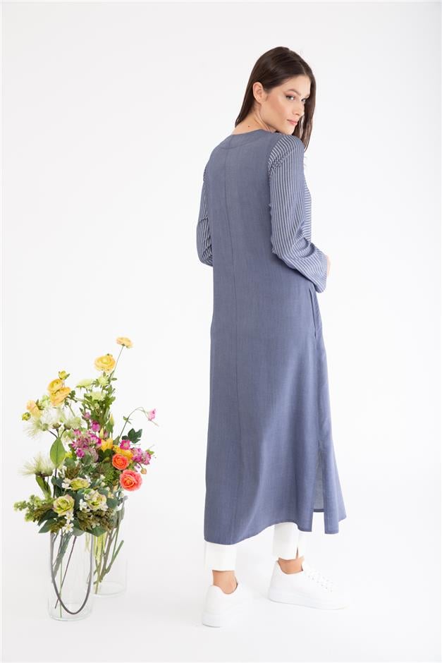 Simli Çizgili İnce Denim Tunik MAVİ 9807