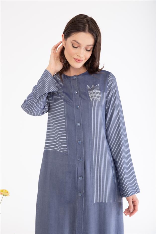 Simli Çizgili İnce Denim Tunik MAVİ 9807