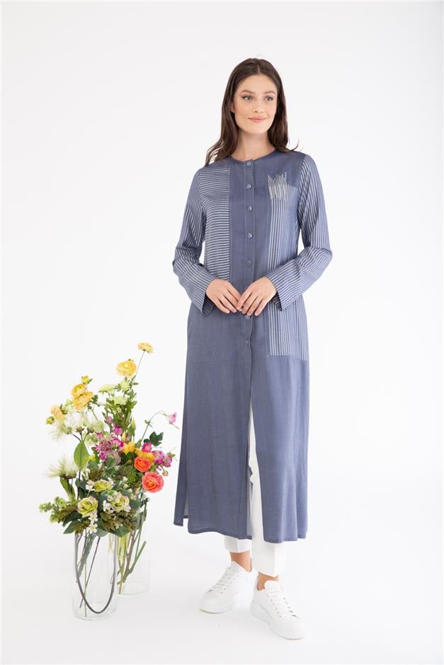 Simli Çizgili İnce Denim Tunik MAVİ 9807