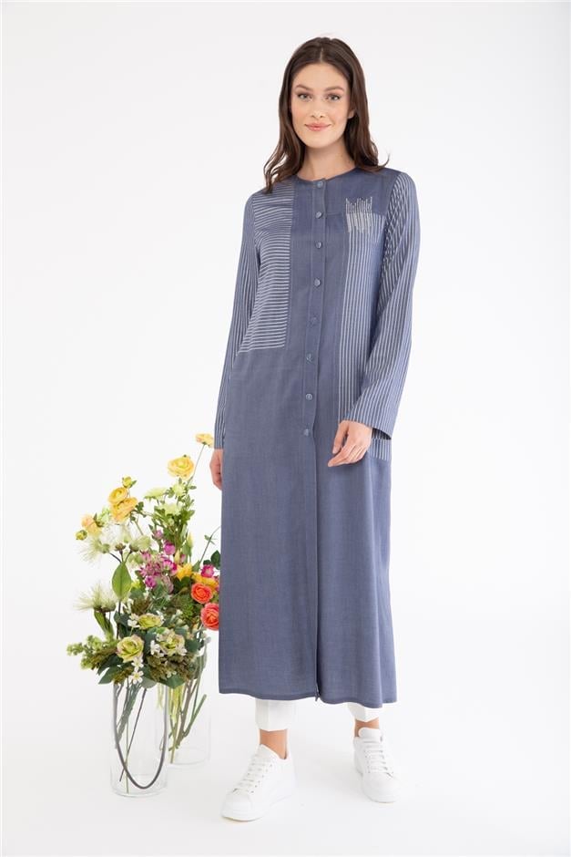Simli Çizgili İnce Denim Tunik MAVİ 9807