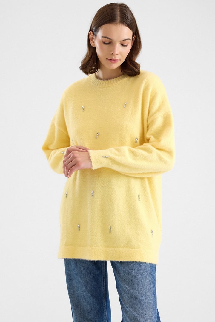 Taş Detaylı Soft Kumaş Oversize Triko Kazak SARI 8290