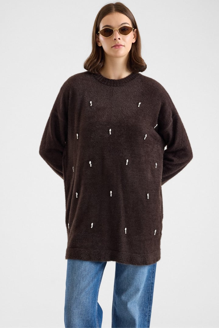 Taş Detaylı Soft Kumaş Oversize Triko Kazak KAHVE 8290