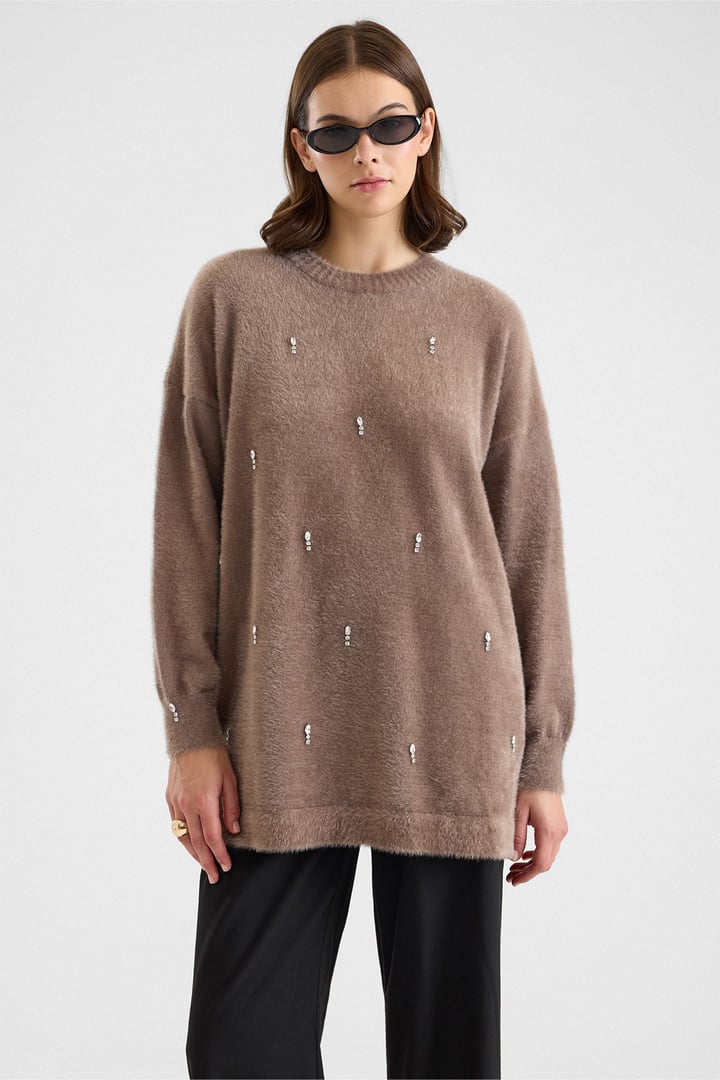 Taş Detaylı Soft Kumaş Oversize Triko Kazak VİZON 8290
