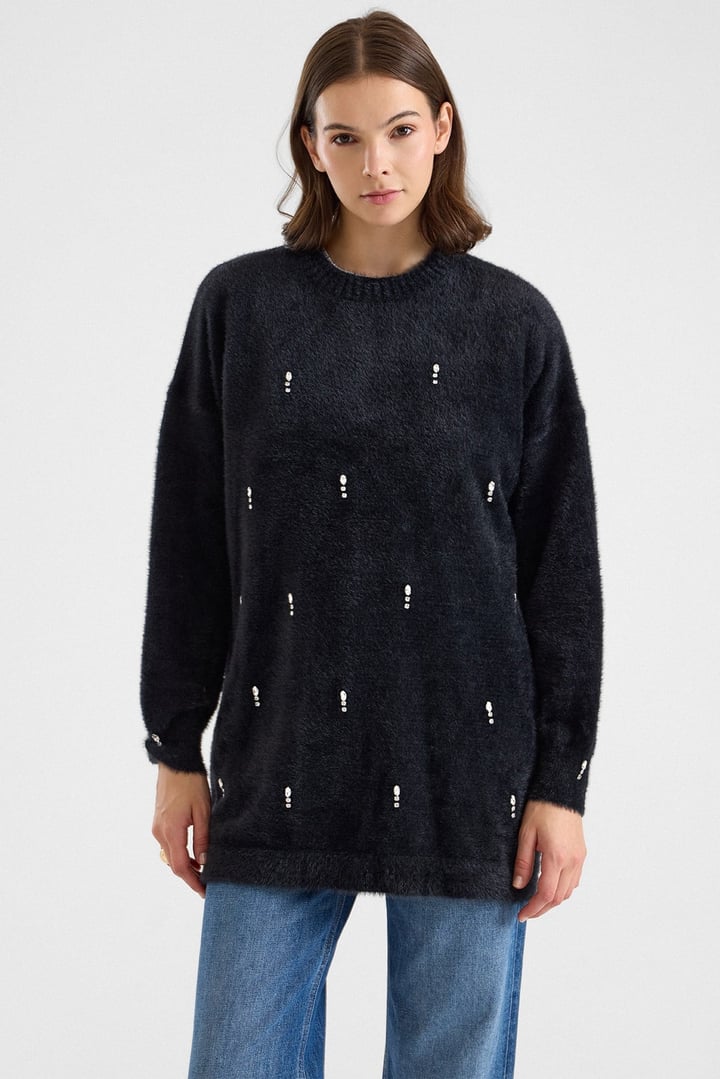 Taş Detaylı Soft Kumaş Oversize Triko Kazak SİYAH 8290