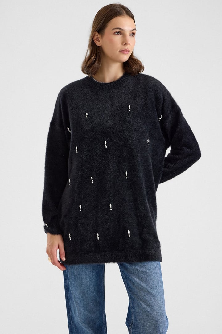 Taş Detaylı Soft Kumaş Oversize Triko Kazak SİYAH 8290