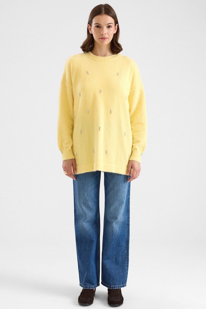 Taş Detaylı Soft Kumaş Oversize Triko Kazak SARI 8290