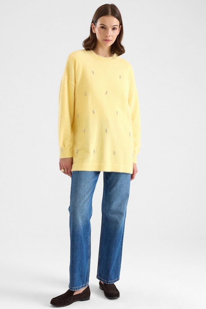 Taş Detaylı Soft Kumaş Oversize Triko Kazak SARI 8290