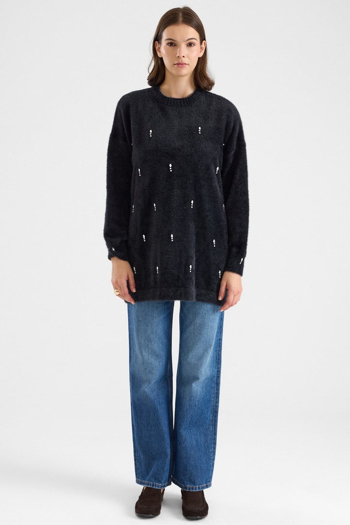 Taş Detaylı Soft Kumaş Oversize Triko Kazak SİYAH 8290
