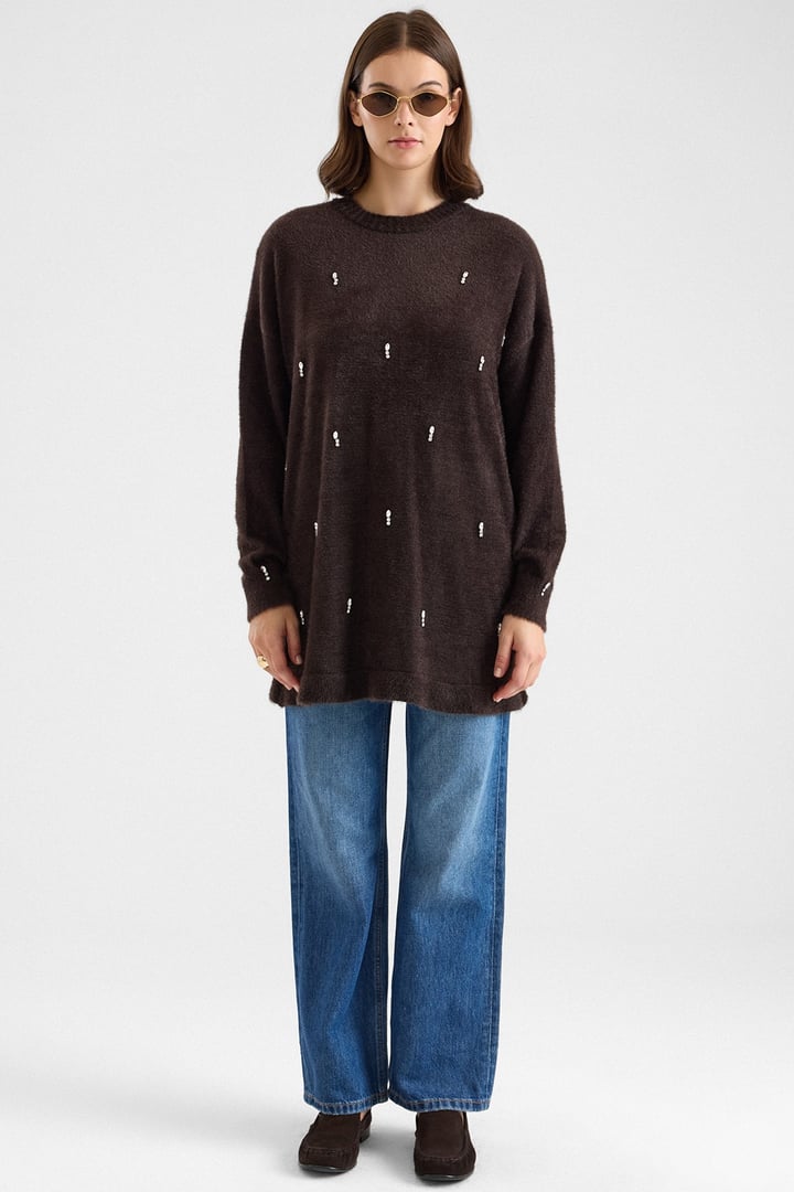Taş Detaylı Soft Kumaş Oversize Triko Kazak KAHVE 8290