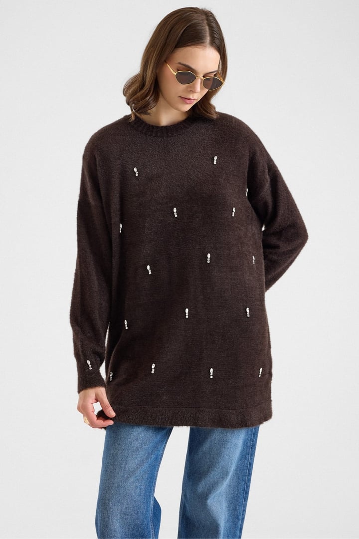 Taş Detaylı Soft Kumaş Oversize Triko Kazak KAHVE 8290