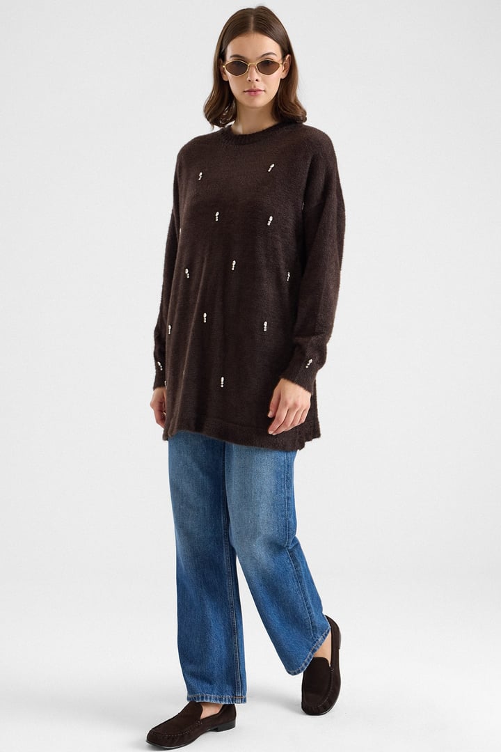 Taş Detaylı Soft Kumaş Oversize Triko Kazak KAHVE 8290