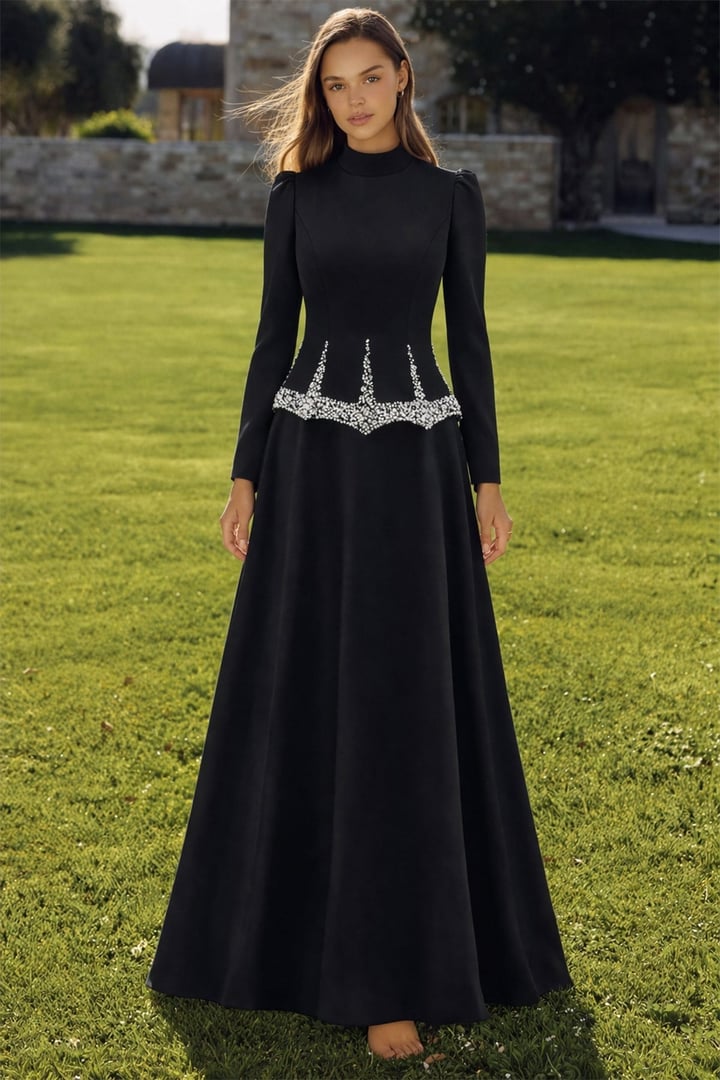 Taş ve İnci Desenli Krep Tesettür Abiye Elbise SİYAH 1690