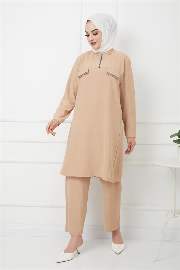 Taşlı Şerit ve Fermuar Detaylı Büyük Beden Pantolon Tunik Takım A.KAMEL 9179